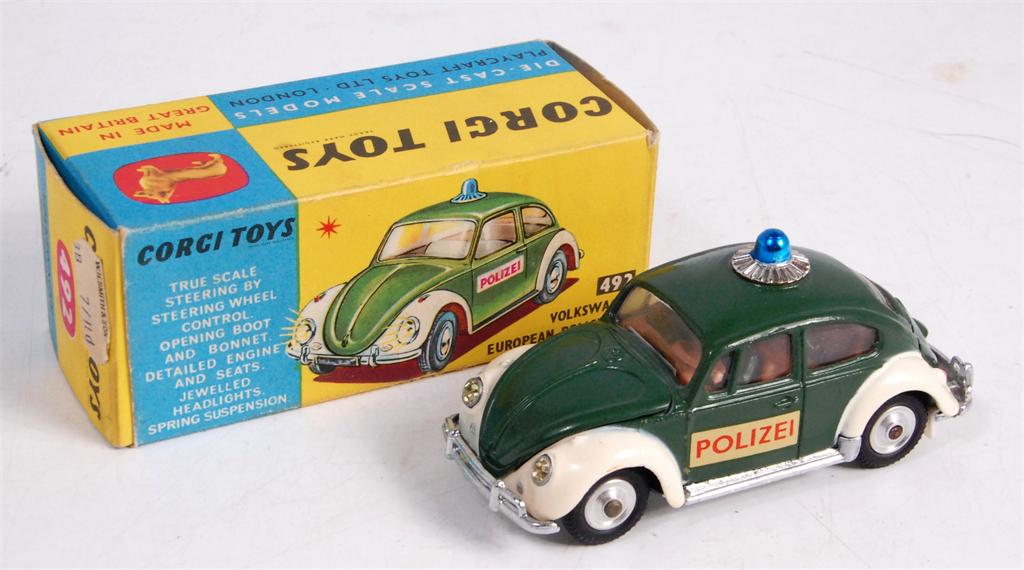 Corgi Toys, 492, VW European Police car, dark green body, white wings, red Polizei decals to