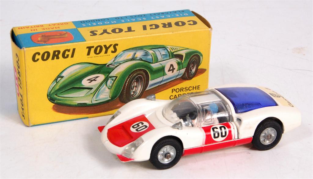 Corgi Toys, 330 Porsche Carrera 6 in white with red bonnet and doors, No.60 racing number, blue