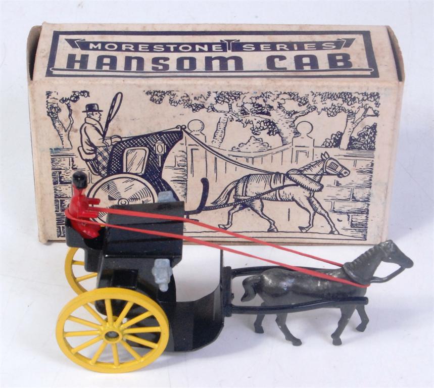 Morestone, Hansom cab in black with yellow wheels, model is complete with both lamps, driver and