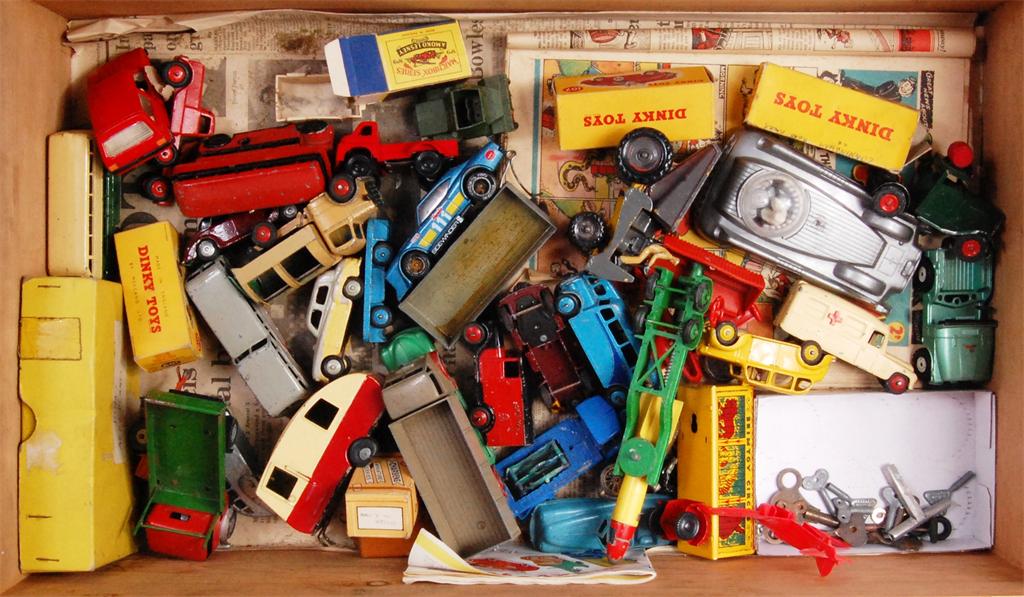 Dinky, Corgi etc, mixed played-with models, empty boxes, keys etc, to include; Dinky boxed 107