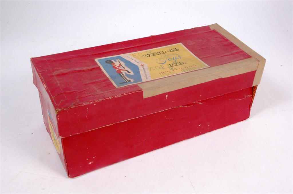 Wend-al Toys Ltd, London and Blandford, red ground, drop front, lidded display box, no contents,