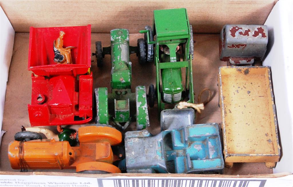 6 playworn farm and commercial vehicles to include; Condor dumper in red with yellow wheels (F),