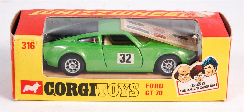 Corgi Toys, 316 Ford GT70 with metallic lime green body, black engine cover, white interior,