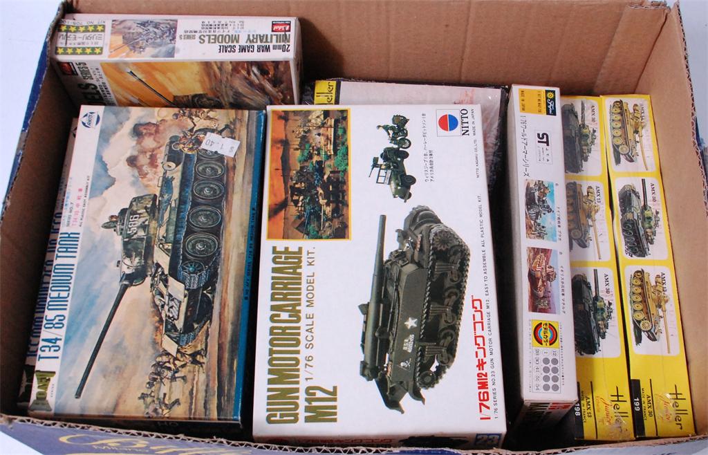 12 plastic 1/72 and 1/76 scale military issue kits by Heller, Heller Junior, Nitto, AHM etc, all