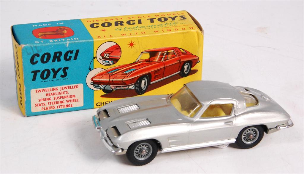 Corgi Toys, 310 Chevrolet Corvette Stingray in metallic silver, with lemon interior and wire wheels,