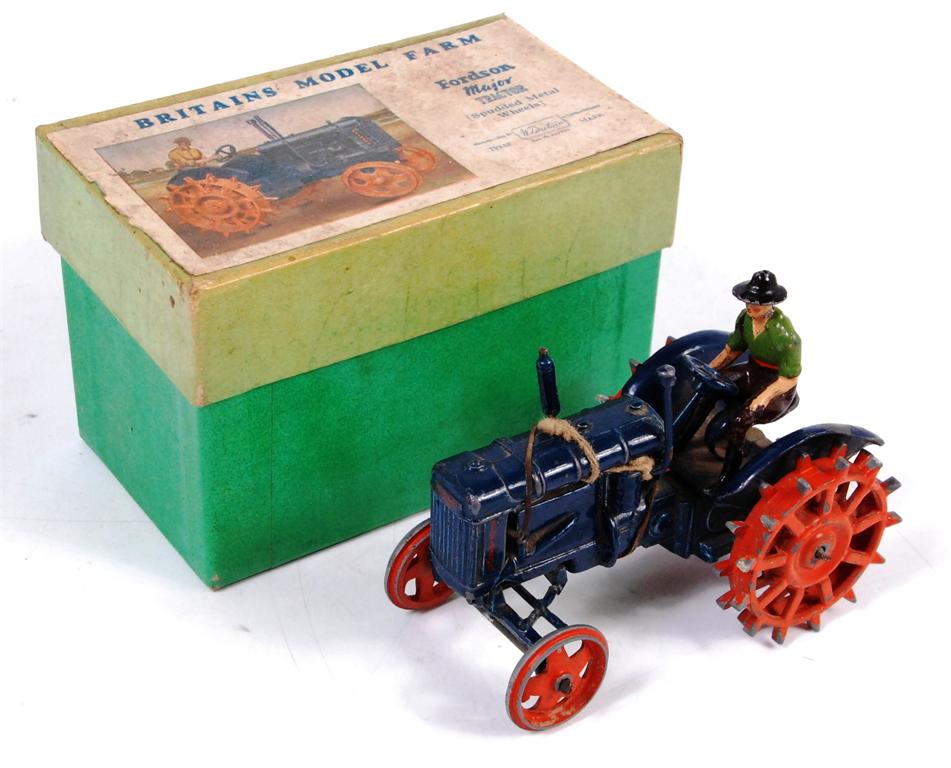 Britains Farm, 127F, Fordson Major tractor with driver and orange spudded metal wheels, model a/f,