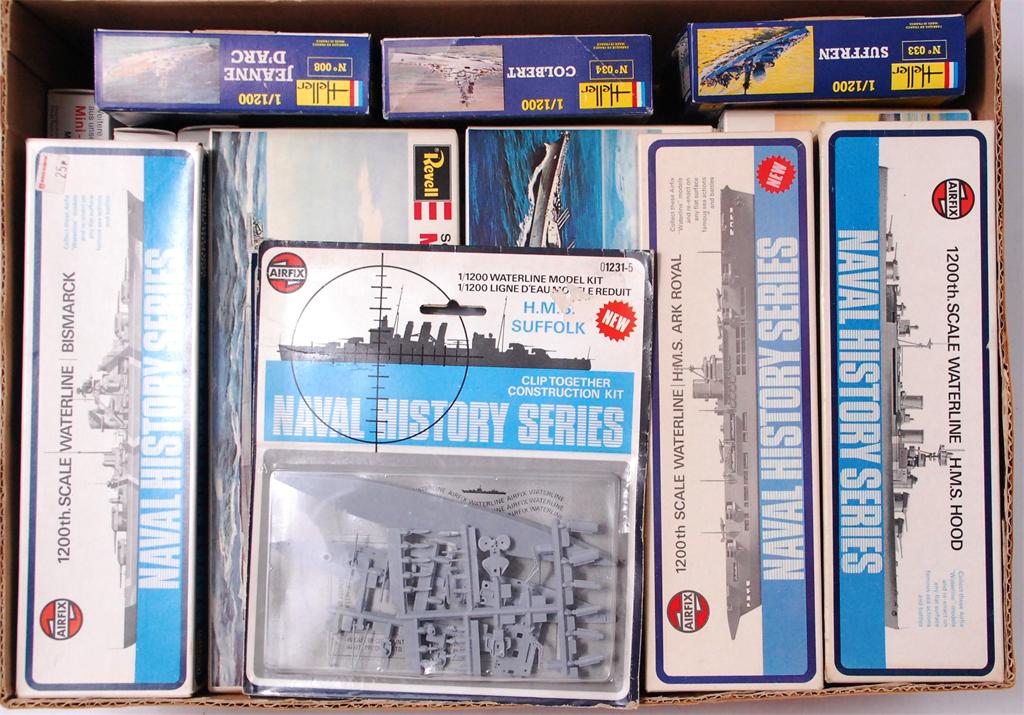 27x boxed and blister packed 1/1200 scale plastic mini-ship kits by Revell, Airfix and Heller, all