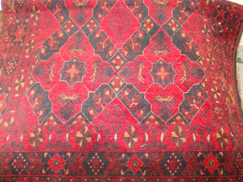 Afghan rug with all-over stylised geometric design on a red ground with triple border