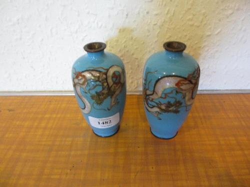 Pair of small light blue baluster form cloisonne vases decorated with dragons (a/f)
