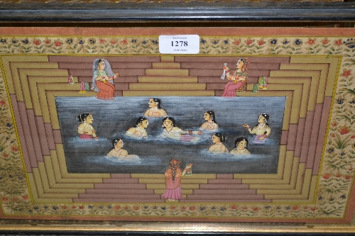 Antique Indo Persian painting, study of female bathers with figures in attendance (text verso), 16.