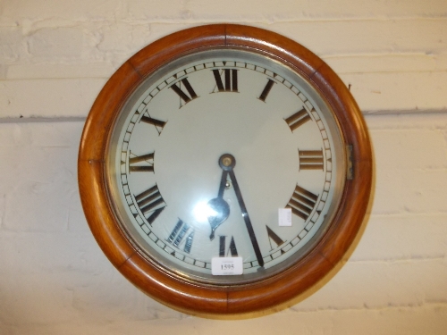 Circular oak cased dial clock with painted dial, Roman numerals and single train fusee movement