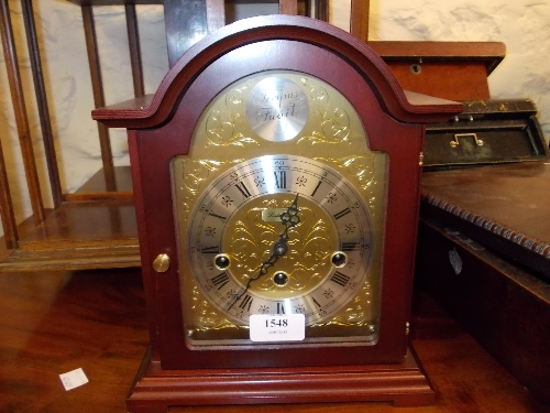 Reproduction mahogany bracket clock with three train movement