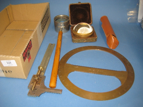 Stanley of London protractor, Troughton & Simms gauge, large magnifying glass, an Otis King