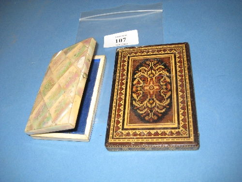 19th Century mother of pearl card case and a 19th Century Tunbridge ware card case