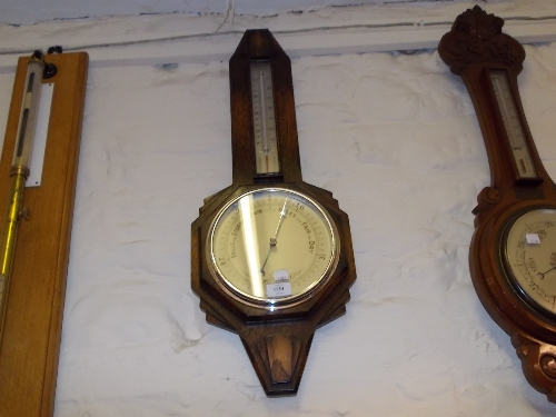 Art Deco oak cased aneroid barometer / thermometer