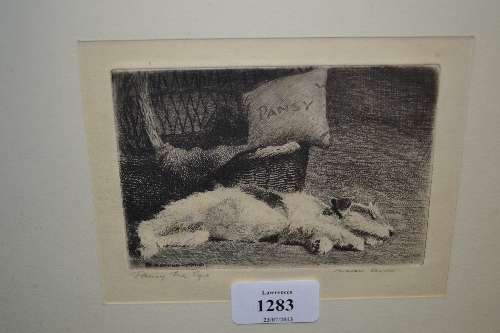Morgan Dennis, signed etching, study of a dog sleeping by a basket