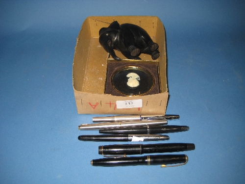 Box containing miscellaneous collectables including fountain pens
