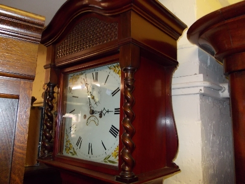 19th Century two train longcase clock movement striking on a bell with painted dial having Roman