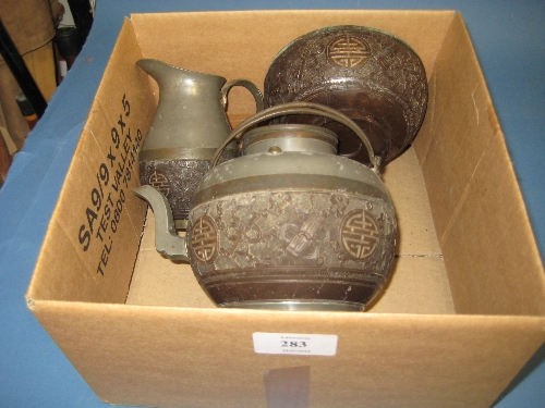 Late 19th / early 20th Century Chinese pewter mounted carved coconut three piece tea service