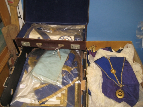 Leather case containing a quantity of Masonic regalia, a box containing a quantity of various