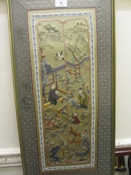 Chinese embroidered sleeve panel, gilt framed