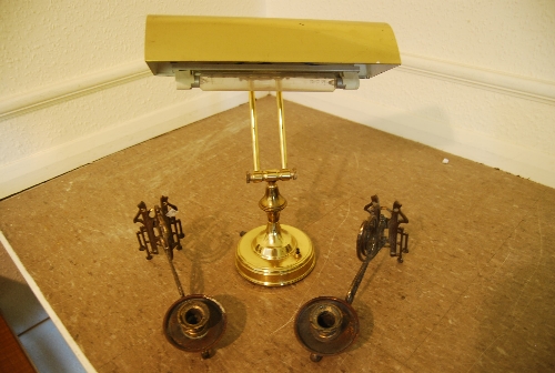 Pair of 19th Century brass piano sconces and a brass desk lamp