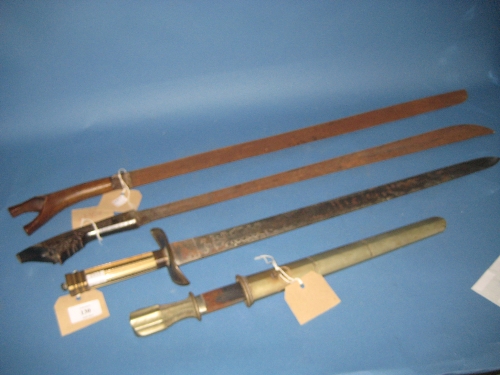 Antique short sword with gilt brass mounted bone grip together with two oriental swords and a