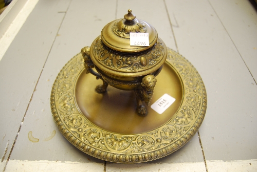 19th Century circular brass inkwell with glass liner