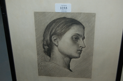 After Leighton, etching, head study of a young lady, indistinctly inscribed, and a sepia autotype