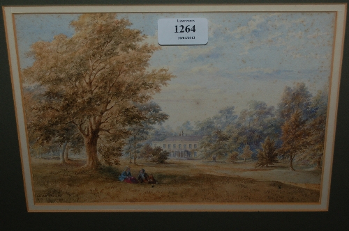 Josiah Parlby, watercolour, parkland scene with figures in the foreground and a country house