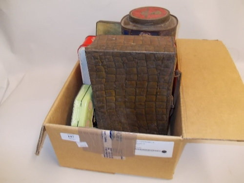 Tin in the form of a briefcase and a collection of other various trade tins