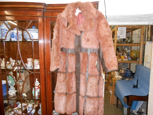 Ladies leather and fur coat, size 12, three quarter length coat