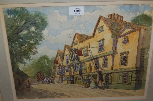 20th Century watercolour, figures before an inn with approaching coach, unsigned and a French 20th