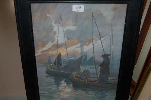 Gouache of fishermen in dinghies in a moonlit seascape, indistinctly signed in pencil, housed in