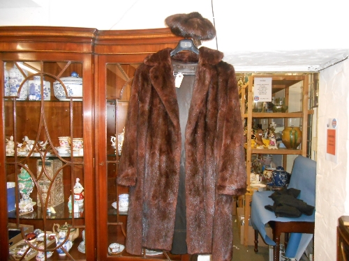 Ladies three quarter length dark brown fur coat with hat