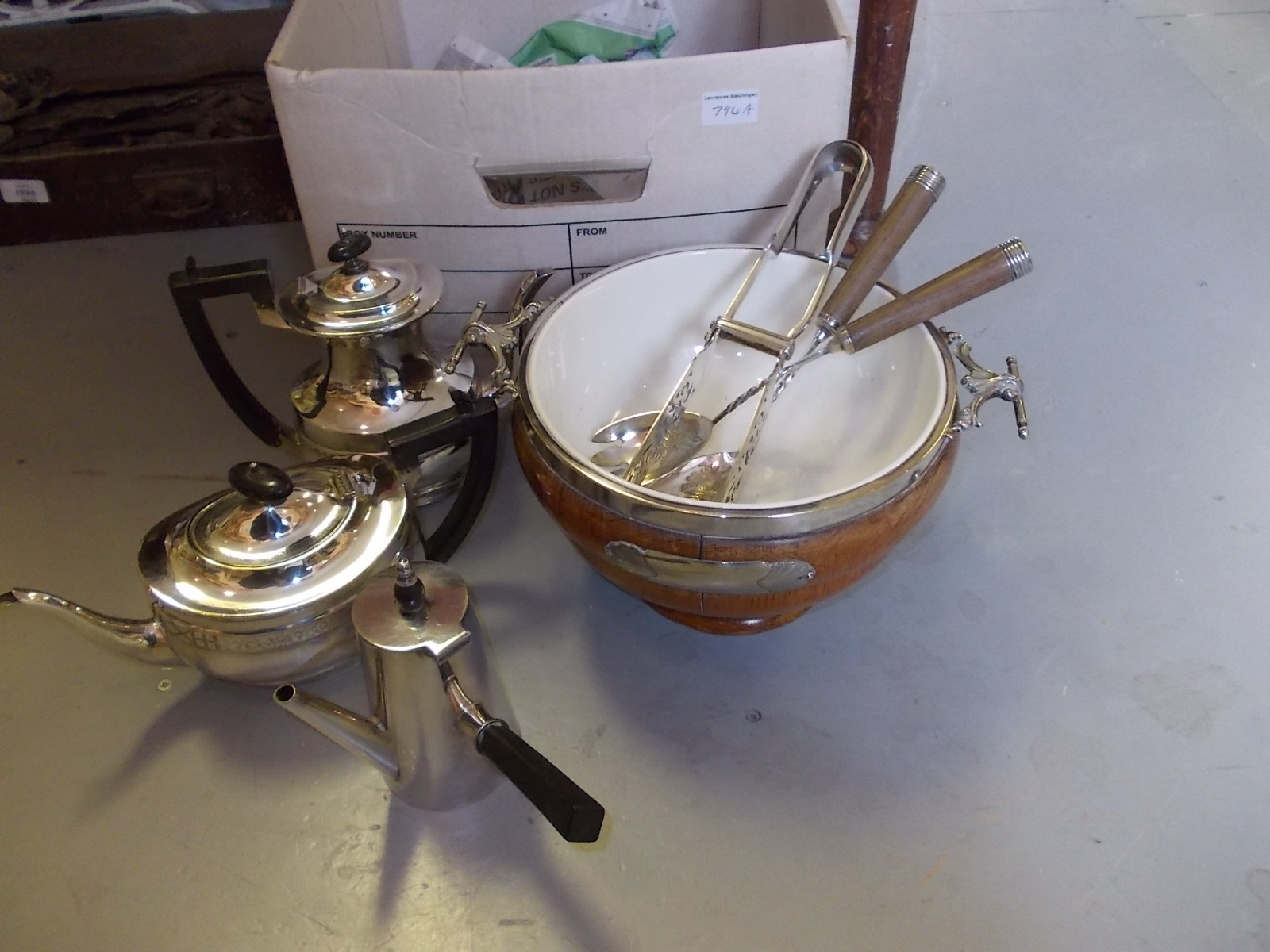 Oak and silver mounted fruit bowl and four other items of silver plate