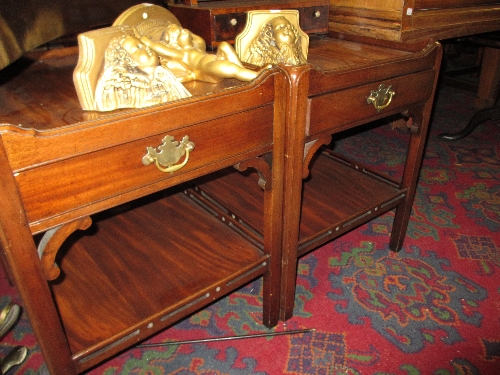 Pair of good quality reproduction mahogany lamp tables, each with a galleried top above a single