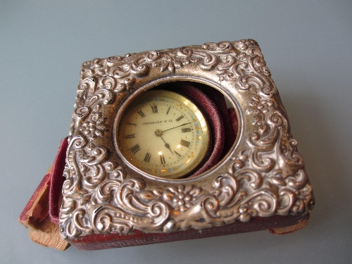 Gold plated open face pocket watch and a silver cased fob watch with silver mounted travelling case