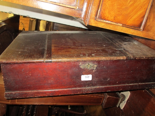 19th Century clerks desk with sloping top and hinged cover and partially fitted interior (a/f)