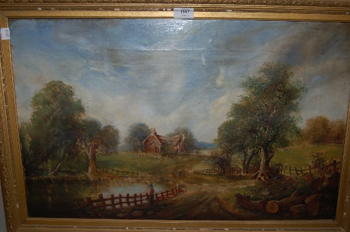 19th Century English school, oil on canvas, figures by a cottage and a pond, 16.75ins x 26.5ins,