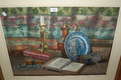 Large gilt framed watercolour, still life of an open book, candlestick etc, unsigned, 18.5ins x