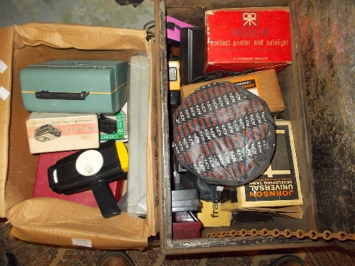 Tin trunk containing various photographic items together with a box of various similar items