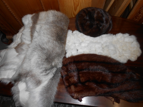 Two fur stoles, a fur hat and a skin wall hanging