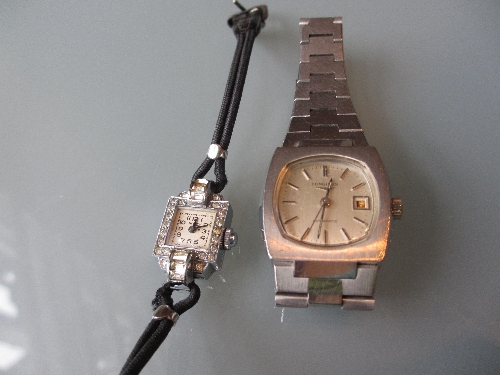 Ladies Art Deco wristwatch on a leather strap together with a ladies Longines stainless steel