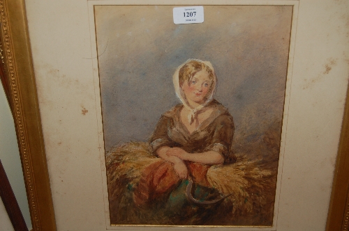 19th Century watercolour of a seated farm hand holding a scythe, gilt framed, unsigned, 13ins x