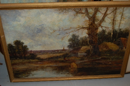 Pair of late 19th / early 20th Century oil paintings on canvas, lake scenes with farm buildings