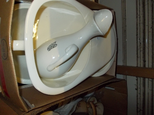 19th Century slipper pan, bidet and bottle together with a 19th Century flat iron and an iron