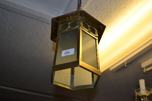 Arts and Crafts brass hexagonal lantern with stylised decoration and frosted glass, 10.5ins high