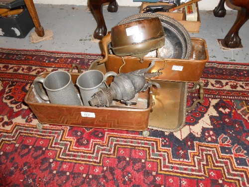 Two rectangular copper and brass mounted flower troughs and other miscellaneous metal ware