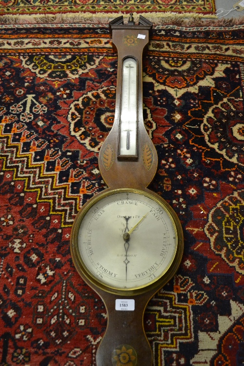 George III mahogany line and shell inlaid banjo shaped wheel barometer thermometer, the silvered